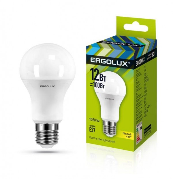  Лампа светодиодная LED-A60-12W-E27-3000K грушевидная ЛОН 172-265В Ergolux 12150 