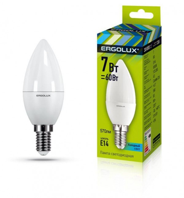  Лампа светодиодная LED-C35-7W-E14-6500K "Свеча" 172-265В Ergolux 12874 
