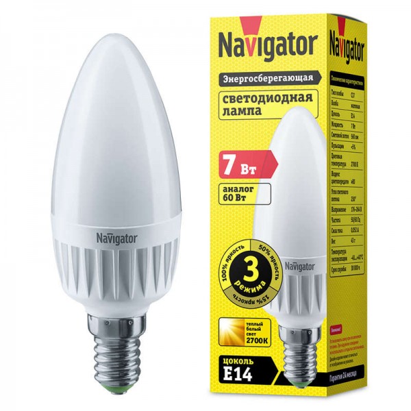  Лампа светодиодная 61 651 NLL-C37-7-230-2.7K-E14-3STEPDIMM Navigator 61651 