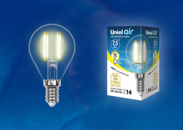  Лампа светодиодная LED-G45-7.5Вт/WW/E14/CL GLA01TR прозр. Uniel UL-00003250 