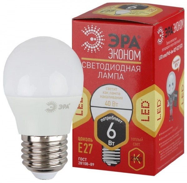  Лампа светодиодная smd Р45-6w-827-E27_eco ЭРА Б0020629 