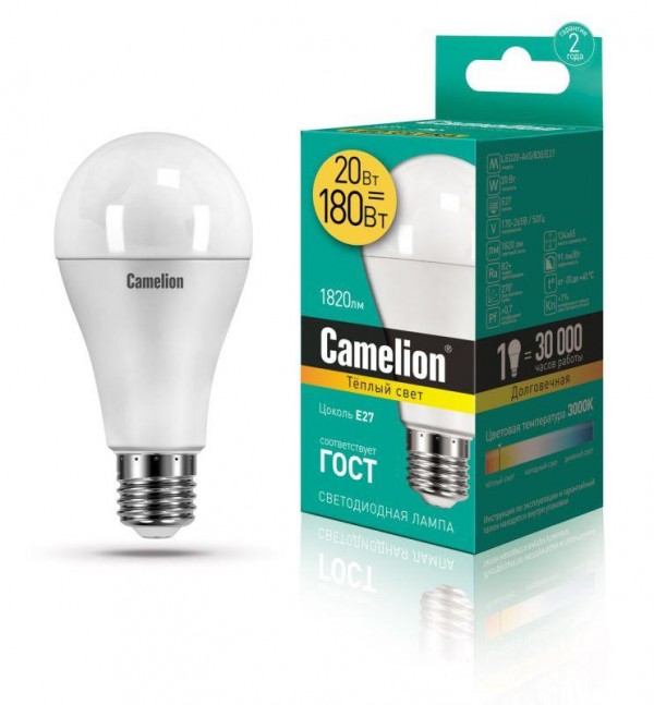  Лампа светодиодная LED20-A65/830/E27 20Вт 220В Camelion 13164 