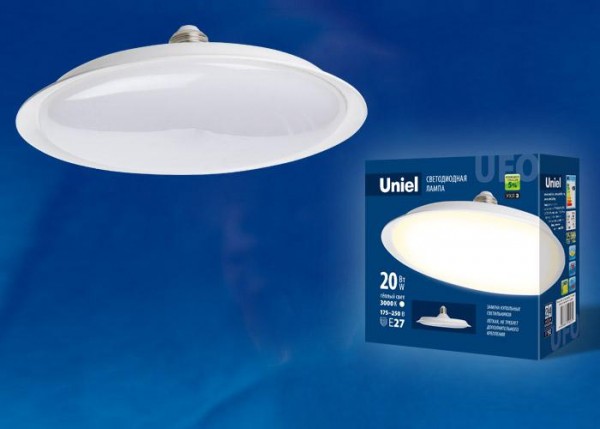  Лампа светодиодная LED-U165-20W/3000K/E27/FR PLU01WH форма UFO мат. колба. теплый бел. свет 3000К упак. картон Uniel UL-00004570 
