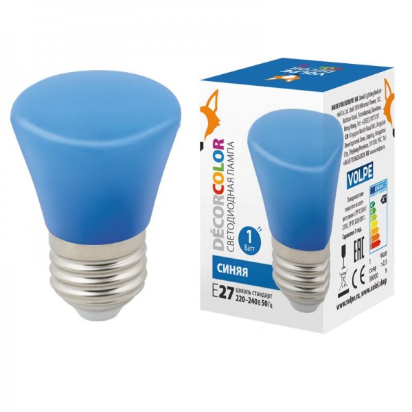  Лампа светодиодная декоративная LED-D45-1W/BLUE/E27/FR/С BELL "Колокольчик" мат. син. картон Volpe UL-00005639 