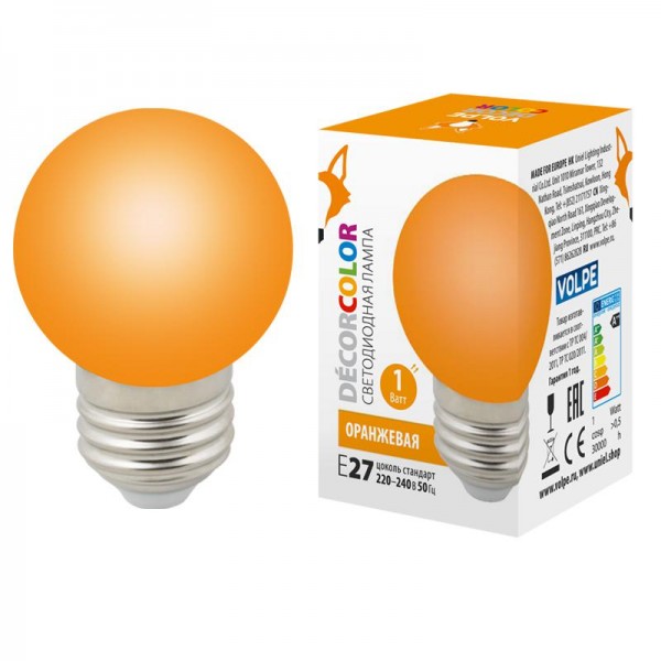  Лампа светодиодная декоративная LED-G45-1W/ORANGE/E27/FR/С "шар" мат. оранж. картон Volpe UL-00005650 
