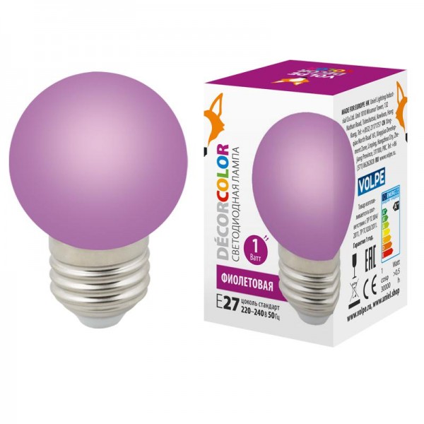  Лампа светодиодная декоративная LED-G45-1W/PURPLE/E27/FR/С "шар" мат. фиол. картон Volpe UL-00005652 