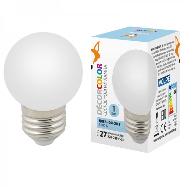  Лампа светодиодная декоративная LED-G45-1W/6000K/E27/FR/С "шар" мат. дневной свет (6000К) картон Volpe UL-00005806 