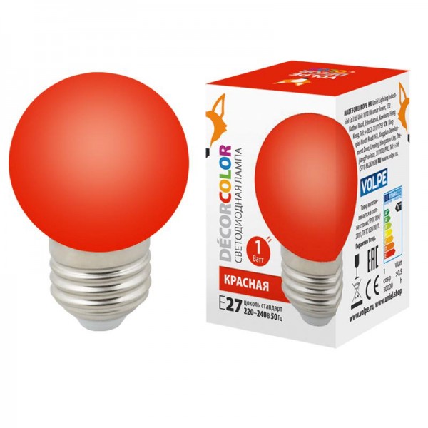  Лампа светодиодная декоративная LED-G45-1W/RED/E27/FR/С "шар" мат. красн. картон Volpe UL-00005646 