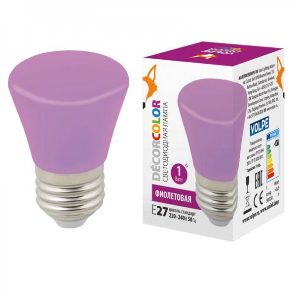  Лампа светодиодная декоративная LED-D45-1W/PURPLE/E27/FR/С BELL "Колокольчик" мат. фиол. картон Volpe UL-00005644 