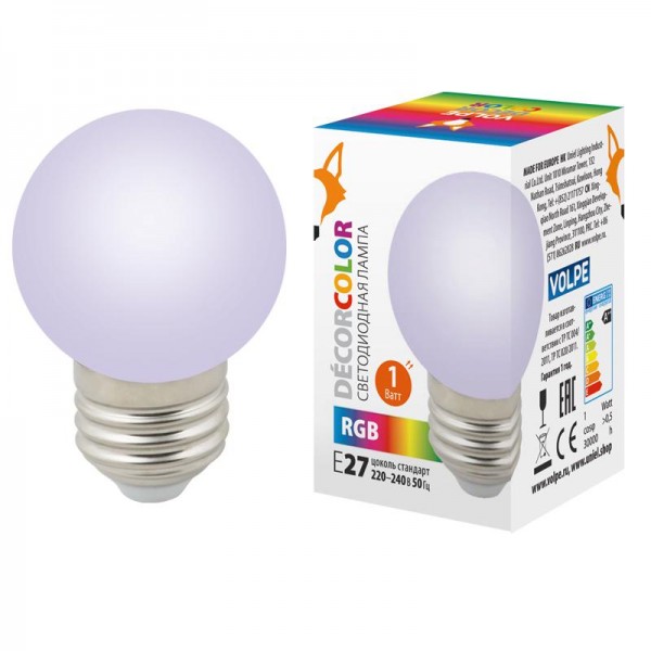  Лампа светодиодная декоративная LED-G45-1W/RGB/E27/FR/С "шар" мат. RGB картон Volpe UL-00005808 