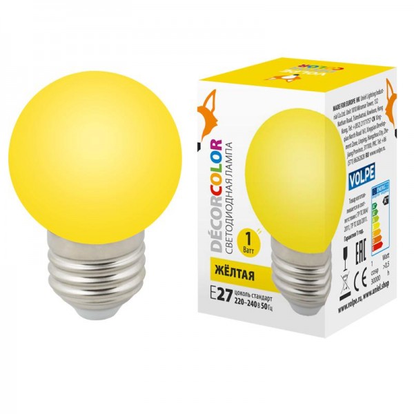  Лампа светодиодная декоративная LED-G45-1W/YELLOW/E27/FR/С "шар" мат. желт. картон Volpe UL-00005649 
