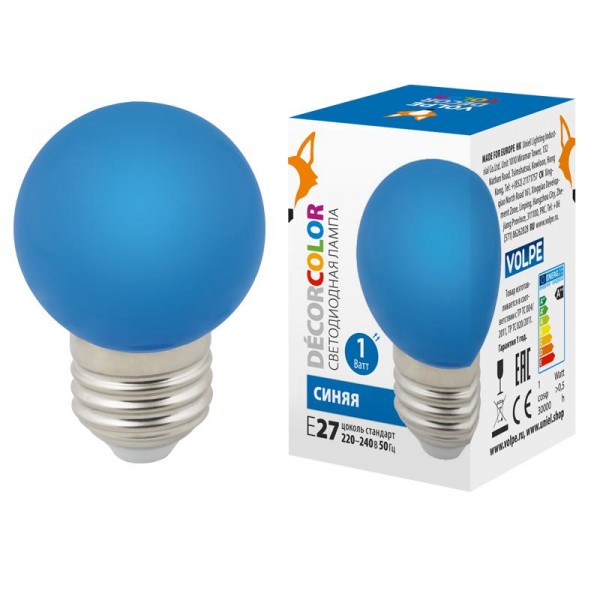  Лампа светодиодная декоративная LED-G45-1W/BLUE/E27/FR/С "шар" мат. син. картон Volpe UL-00005647 