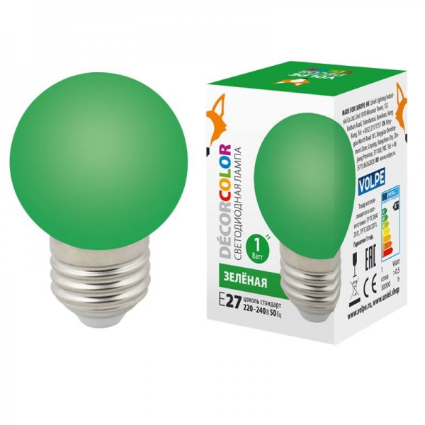  Лампа светодиодная декоративная LED-G45-1W/GREEN/E27/FR/С "шар" мат. зел. картон Volpe UL-00005648 