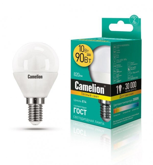  Лампа светодиодная LED10-G45/830/E14 10Вт 220В Camelion 13565 