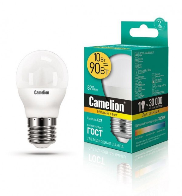  Лампа светодиодная LED10-G45/830/E27 10Вт 220В Camelion 13566 