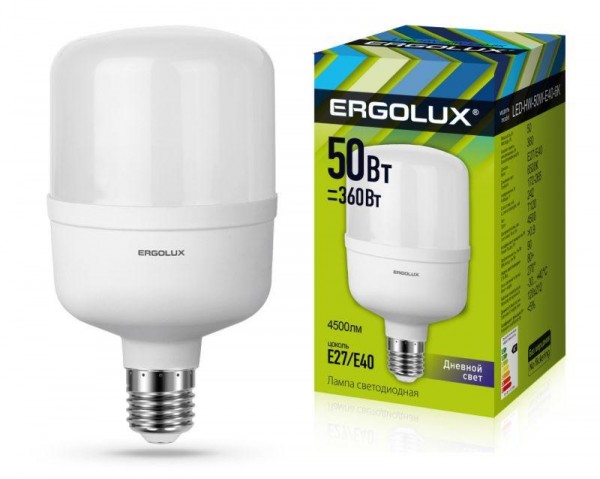  Лампа светодиодная LED-HW-50W-E40-6K 50Вт переходник E27/E40 в компл. 6500К 172-265В Ergolux 13556 