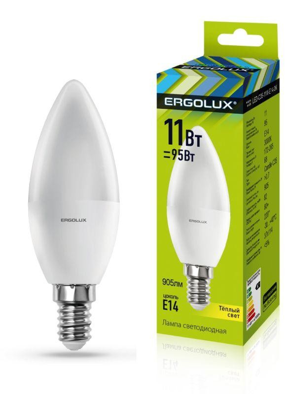  Лампа светодиодная LED-C35-11W-E14-3K Свеча 11Вт E14 3000К 172-265В Ergolux 13618 