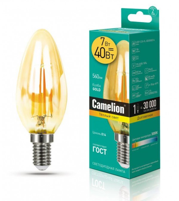  Лампа светодиодная LED7-C35-FL-GD/830/E14 7Вт 220В Camelion 13451 