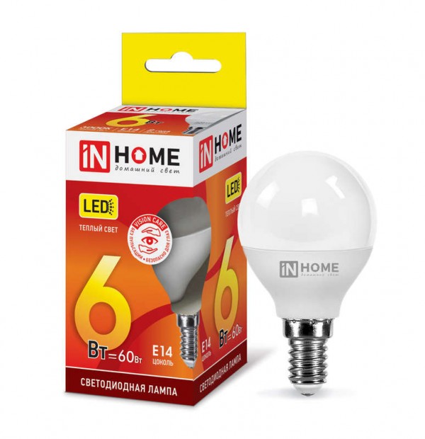  Лампа светодиодная LED-ШАР-VC 6Вт 230В E14 3000К 540лм IN HOME 4690612020501 