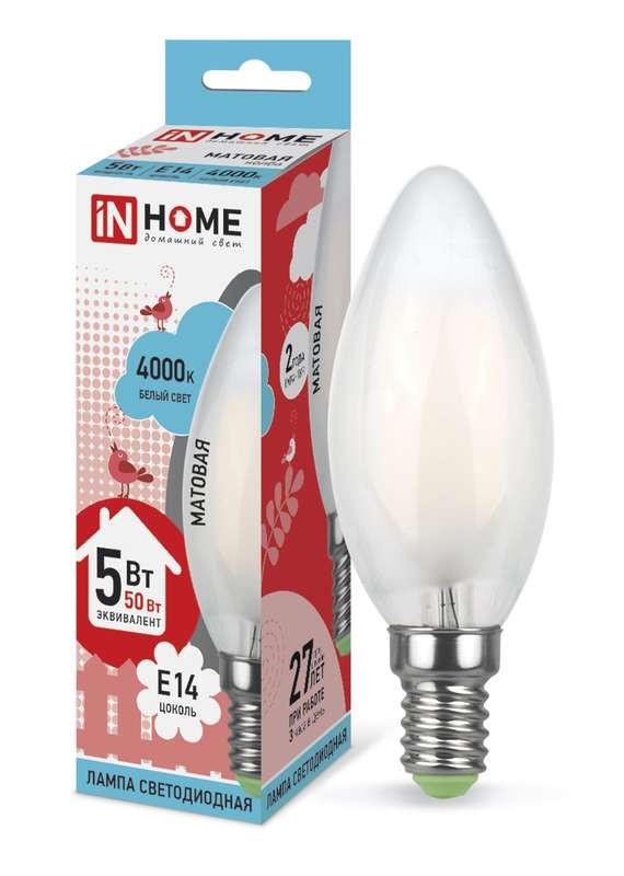  Лампа светодиодная LED-СВЕЧА-deco 5Вт 230В E14 4000К 450Лм матовая IN HOME 4690612006765 