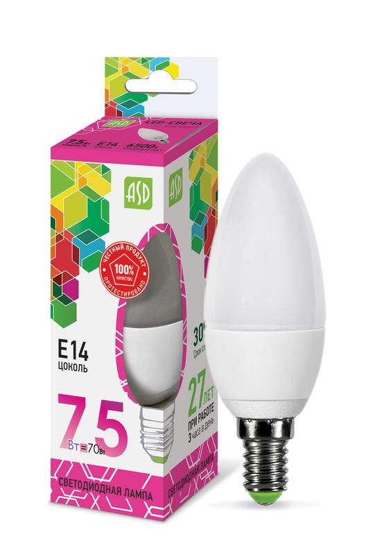  Лампа светодиодная LED-СВЕЧА-standard 7.5Вт 230В E14 6500К 675Лм ASD 4690612019031 