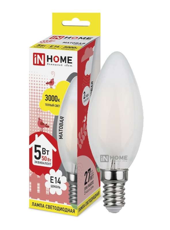  Лампа светодиодная LED-СВЕЧА-deco 5Вт 230В E14 3000К 450Лм матовая IN HOME 4690612006826 