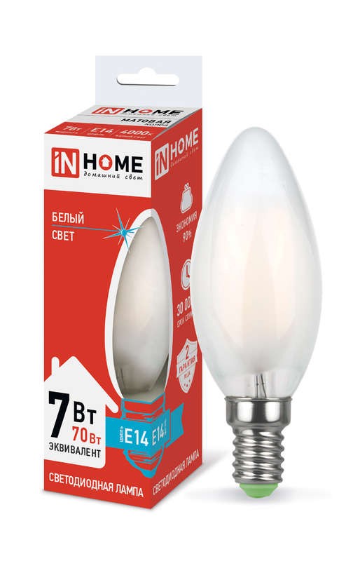  Лампа светодиодная LED-СВЕЧА-deco 7Вт 230В E14 4000К 630Лм матовая IN HOME 4690612006789 