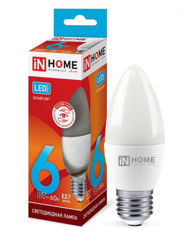  Лампа светодиодная LED-СВЕЧА-VC 6Вт 230В E27 4000К 540лм IN HOME 4690612020419 
