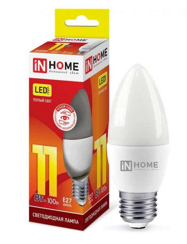  Лампа светодиодная LED-СВЕЧА-VC 11Вт 230В E27 3000К 990лм IN HOME 4690612020488 