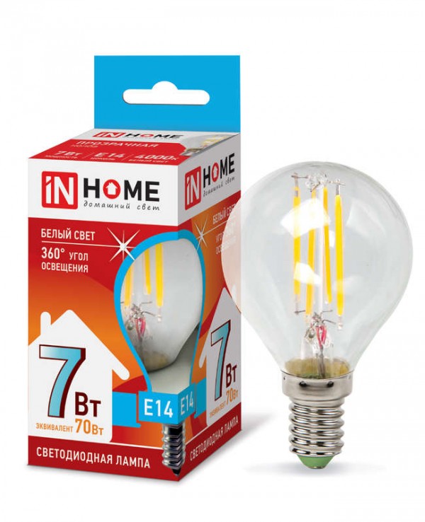  Лампа светодиодная LED-ШАР-deco 7Вт 230В E14 4000К 630Лм прозрач. IN HOME 4690612016313 