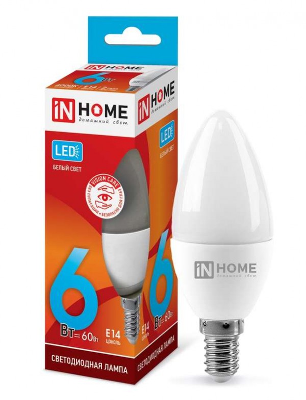  Лампа светодиодная LED-СВЕЧА-VC 6Вт 230В E14 4000К 540лм IN HOME 4690612020396 
