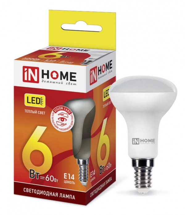  Лампа светодиодная LED-R50-VC 6Вт 230В E14 3000К 525лм IN HOME 4690612024240 