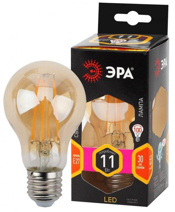  Лампа светодиодная F-LED A60-11W-827-E27 gold ЭРА Б0035039 