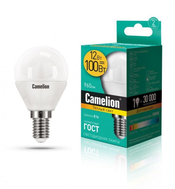  Лампа светодиодная LED12-G45/830/E14 12Вт 220В Camelion 13693 
