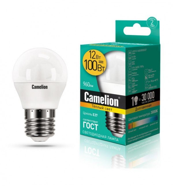  Лампа светодиодная LED12-G45/830/E27 12Вт 220В Camelion 13694 
