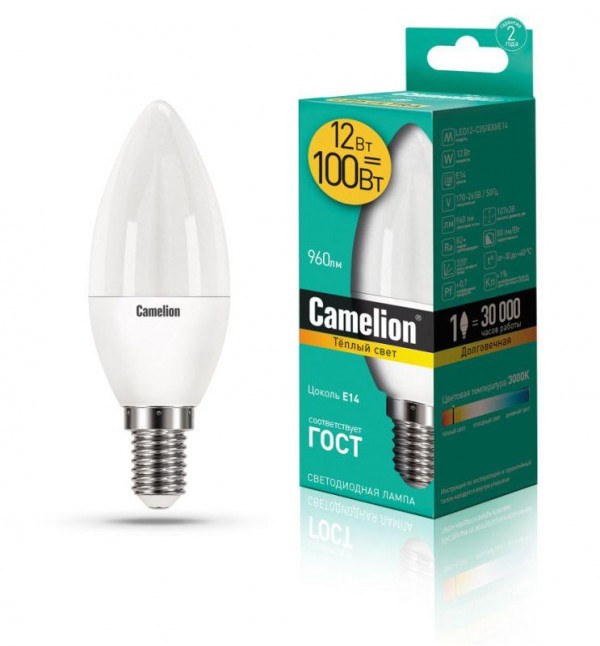  Лампа светодиодная LED12-C35/830/E14 12Вт 220В Camelion 13687 
