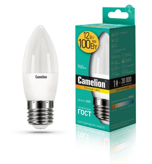  Лампа светодиодная LED12-C35/830/E27 12Вт 220В Camelion 13688 