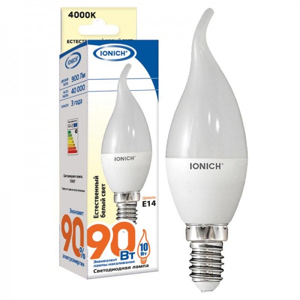  Лампа светодиодная ILED-SMD2835-CW37-10-900-220-4-E14 10Вт свеча на ветру 4000К бел. E14 900лм 230-240В IONICH 1553 
