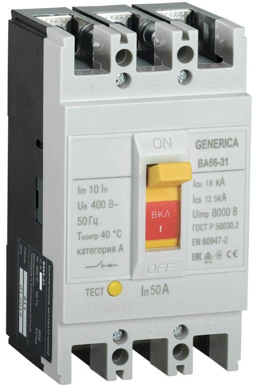  Выключатель автоматический 3п 50А 18кА ВА66-31 GENERICA ИЭК SAV10-3-0050-G 