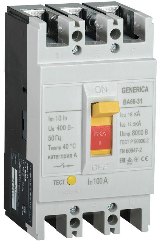  Выключатель автоматический 3п 100А 18кА ВА66-31 GENERICA ИЭК SAV10-3-0100-G 