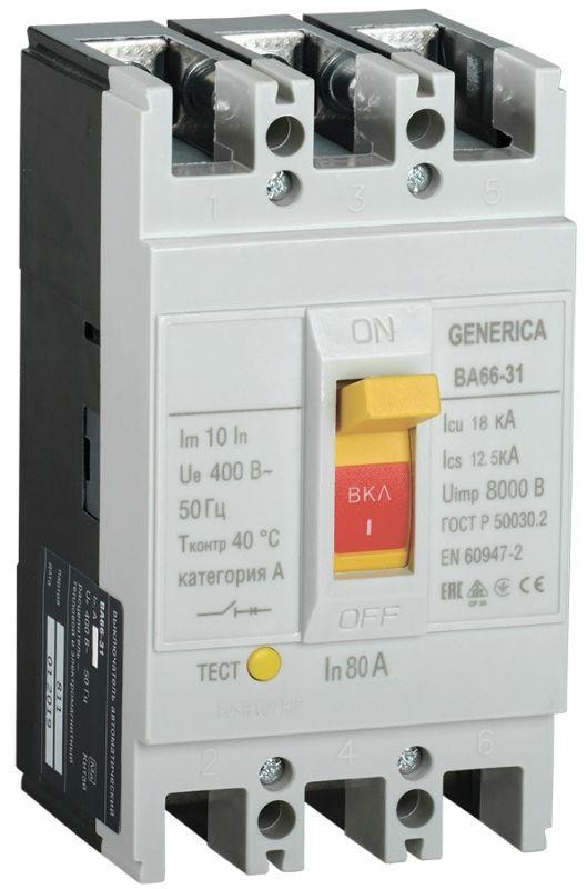  Выключатель автоматический 3п 80А 18кА ВА66-31 GENERICA ИЭК SAV10-3-0080-G 