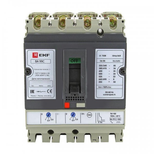  Выключатель автоматический 3п+N 100/16А 36кА ВА-99C Compact NS PROxima EKF mccb99C-100-16+N 