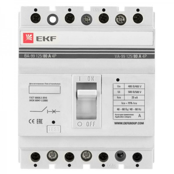  Выключатель автоматический 4п 125/80А 25кА ВА-99 PROxima EKF mccb99-125-80-4P 