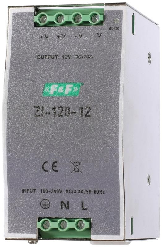  Блок питания ZI-120-12 (импульсный 120Вт/10A Uвых. 12В DC монтаж на DIN-рейке/на плоскость 100-240В AC IP20) F&F EA11.001.035 
