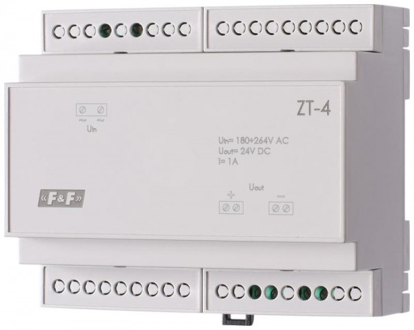  Блок питания ZT-4 (трансформаторный с импульсным стабилизатором вых. параметры: 24В/1A 6 модулей монтаж на DIN-рейке 180-264В AC IP20) F&F EA11.001.026 