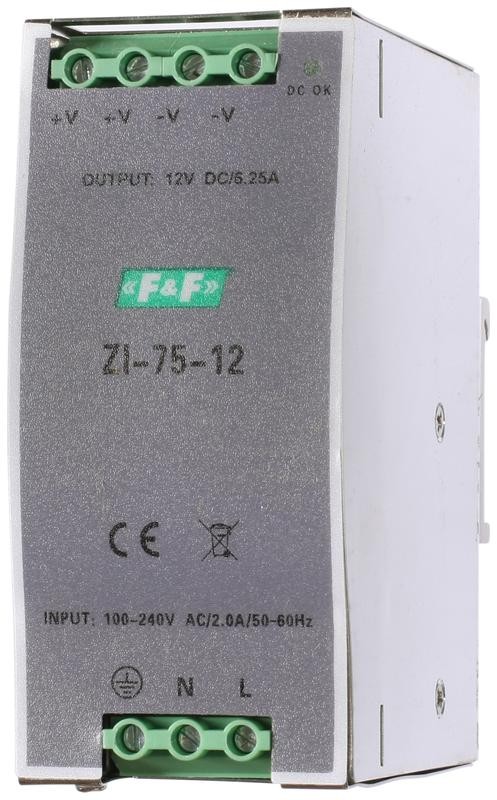  Блок питания ZI-75-12 (импульсный 75Вт/6.25A Uвых. 12В DC монтаж на DIN-рейке 100-240В AC IP20) F&F EA11.001.042 