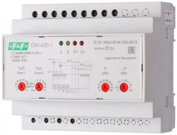  Ограничитель мощности ОСМ-630-1 (3ф фикс/параметры для работы с трансф. тока монтаж на DIN-рейке 35мм 3х400/230+N 8А 1перкл.) F&F EA03.001.008 