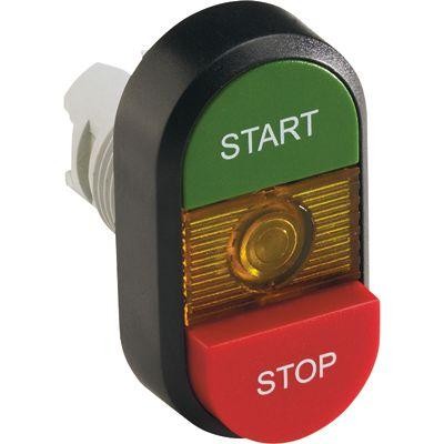  Кнопка двойная MPD15-11Y (зел./красн. выступающая) желт. линза с текстом "START/STOP" ABB 1SFA611144R1103 