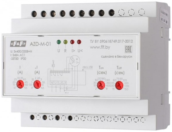  Автомат защиты электродвигателей AZD-M (исп.1 (10-59.5 А) микропроцессорный защита трехфазных двигателей мощностью до 30кВт (с транс. тока более 30кВт) USB порт. 3х400/230+N 2х8А 2х1P IP20) F&F EA05.004.001 