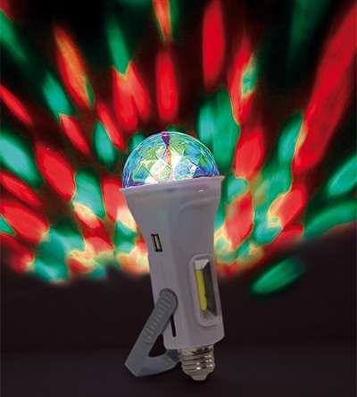  Светильник "Чудо-лампа" 4 в 1: диско-лампа Е27; диско-светильник (настольный или подвесной питание от аккумулятора); зарядка для телефона (выход USB); фонарик (аккумулятор заряжается от солнца или от сети 220В Е27) Космос KOCNL-EL158 